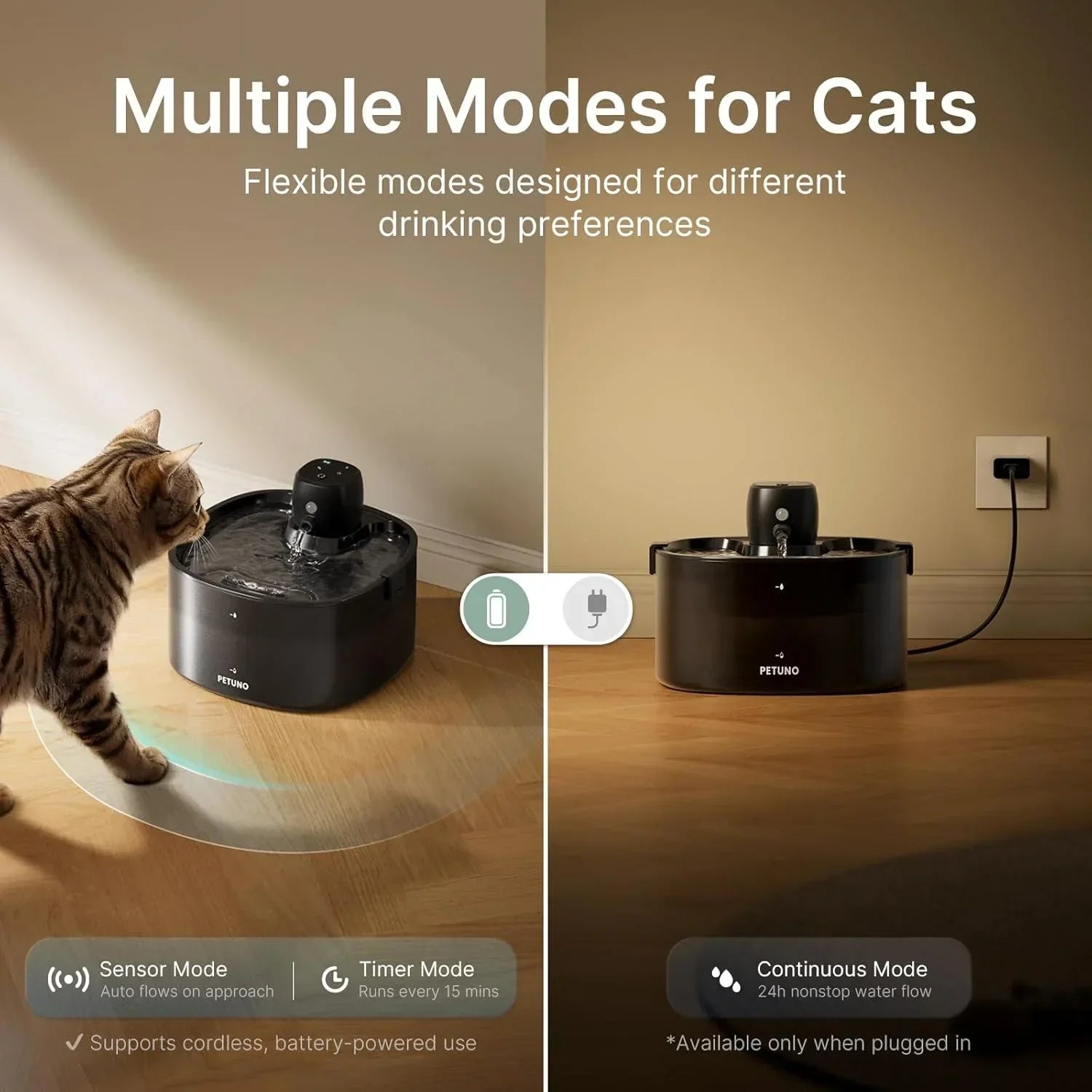 Cat using PETUNO water fountain with sensor, timer, and continuous modes for flexible hydration
