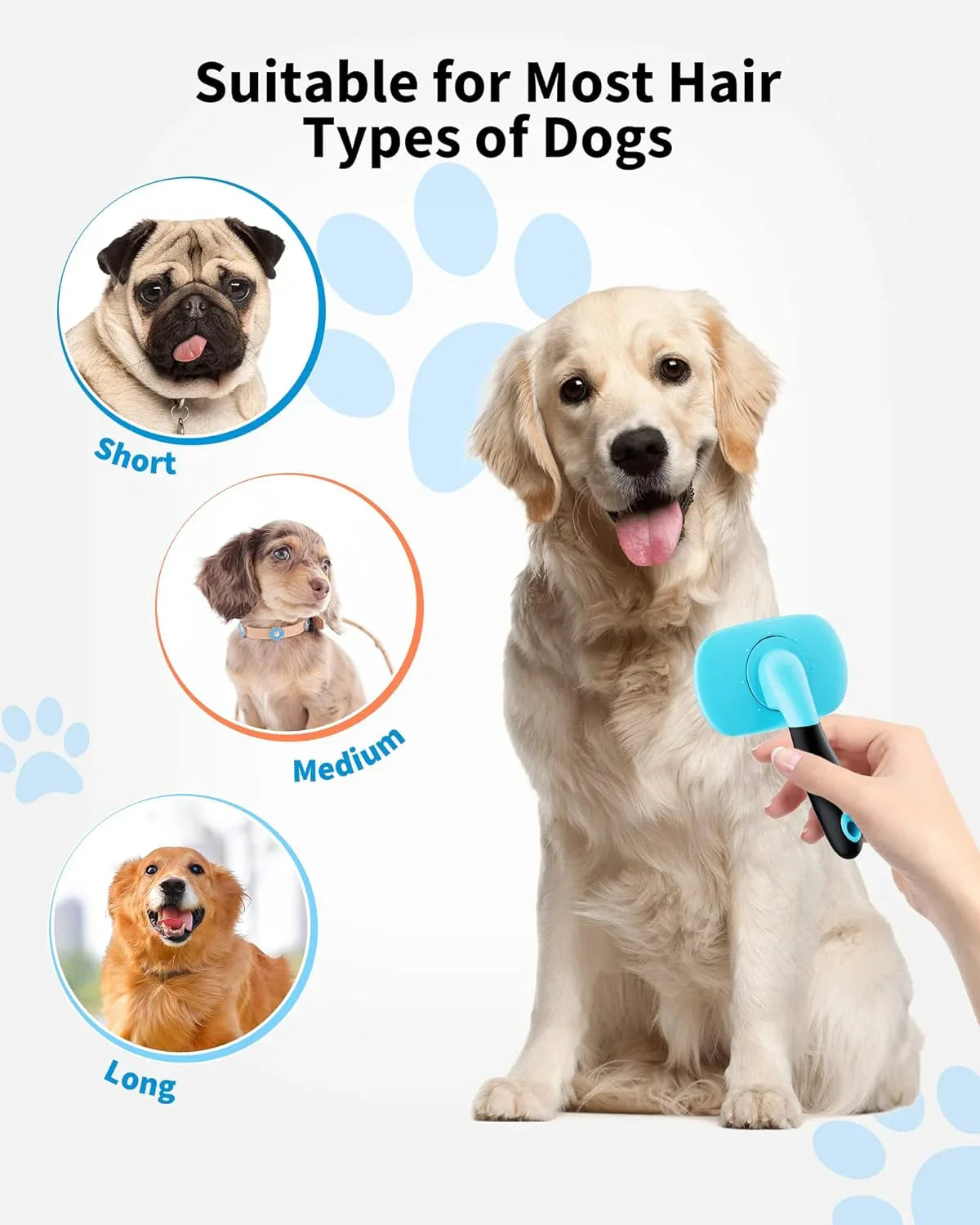 Blue brush head pet grooming tool with black handle, suitable for most dog hair