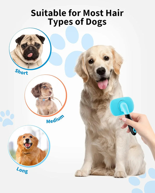 Blue brush head pet grooming tool with black handle, suitable for most dog hair