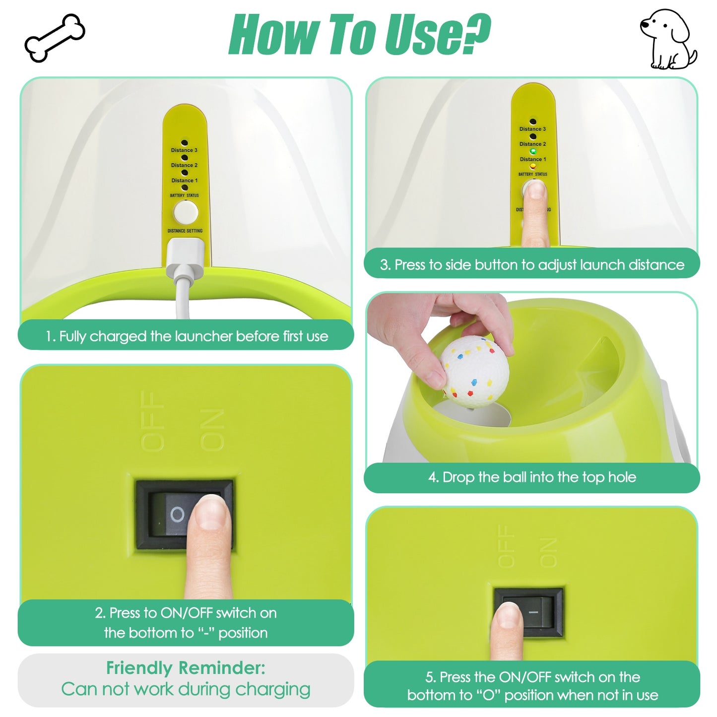 Green and white dog ball launcher with top opening and display/control screen