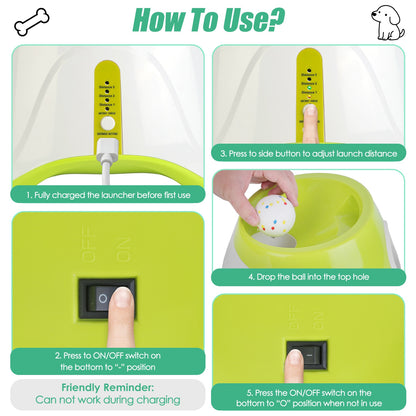 Green and white dog ball launcher with top opening and display/control screen