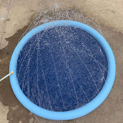 Round blue inflatable dog cooling mat with yellow side connector on pavement