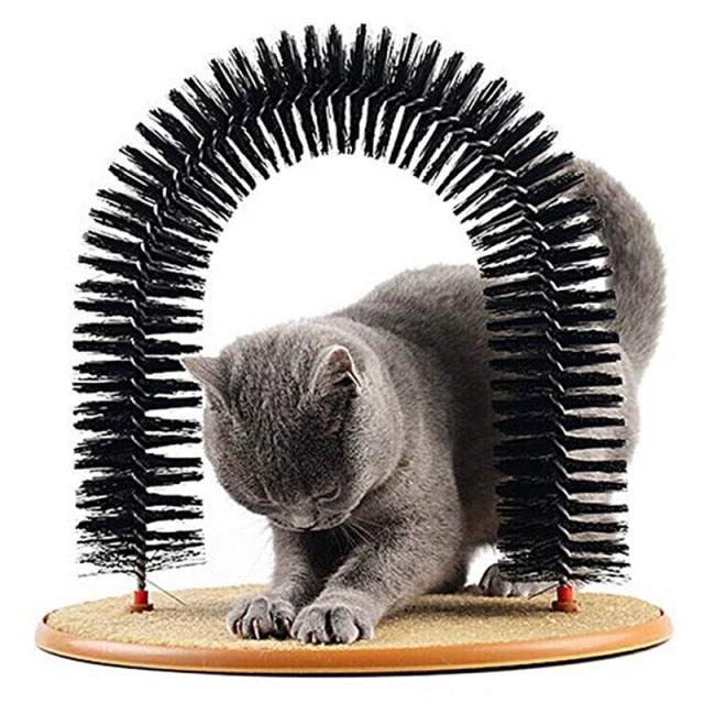 Cat arch massager with black bristle arch and round beige base, shown with gray cat