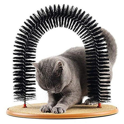 Cat arch massager with black bristle arch and round beige base, shown with gray cat