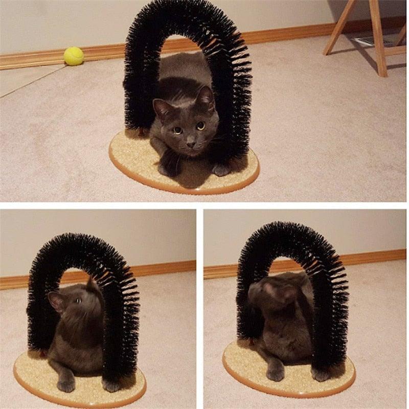 Cat arch massager with black bristle arch and round beige base, shown in use by cat
