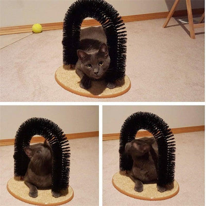 Cat arch massager with black bristle arch and round beige base, shown in use by cat