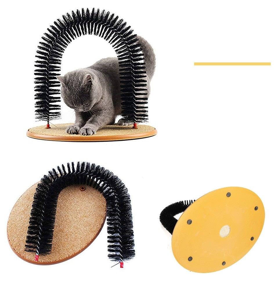 Cat arch massager with black bristle arch on round beige base, shown with gray cat