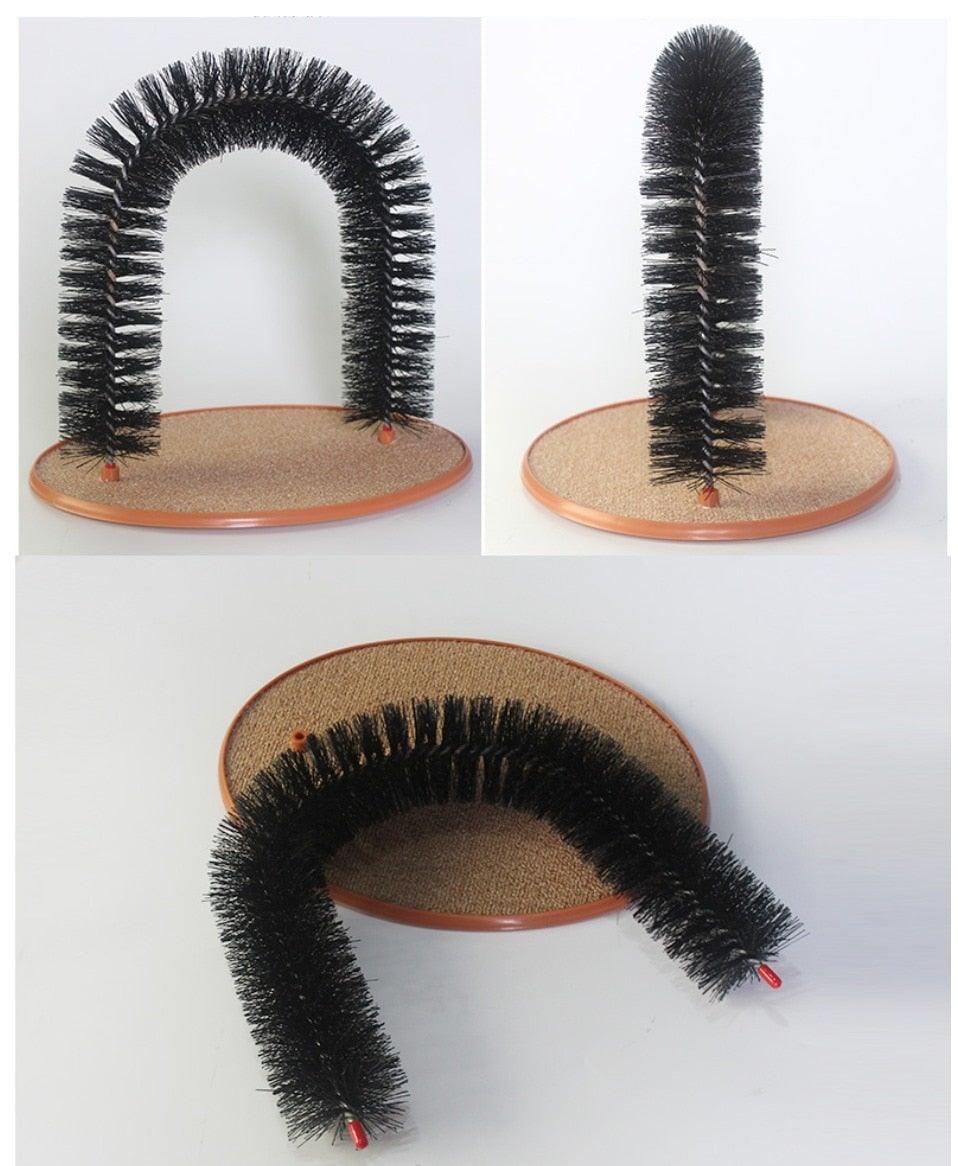 Cat arch massager with black bristle arch and round cork base, side and top views