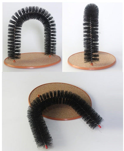 Cat arch massager with black bristle arch and round cork base, side and top views
