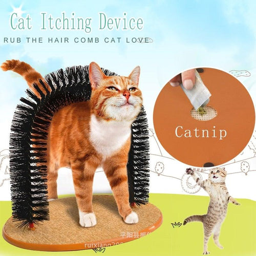 Cat arch massager with round base and black bristle arch, shown with orange tabby cat