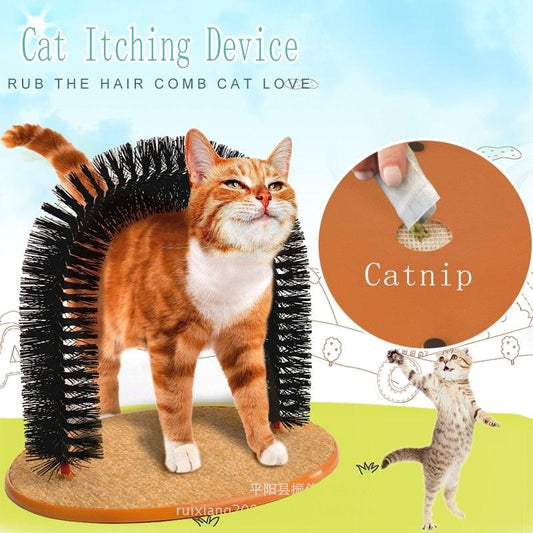 Cat arch massager with round base and black bristle arch, shown with orange tabby cat