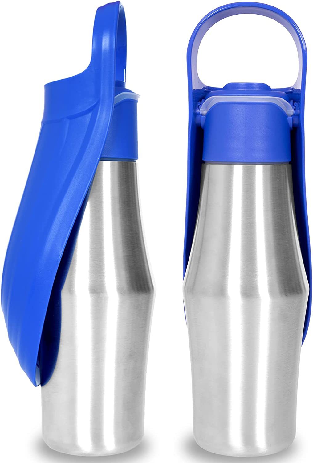 Dark blue portable pet water bottle with stainless steel body and flip cap