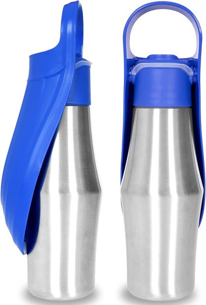 Dark blue portable pet water bottle with stainless steel body and flip cap