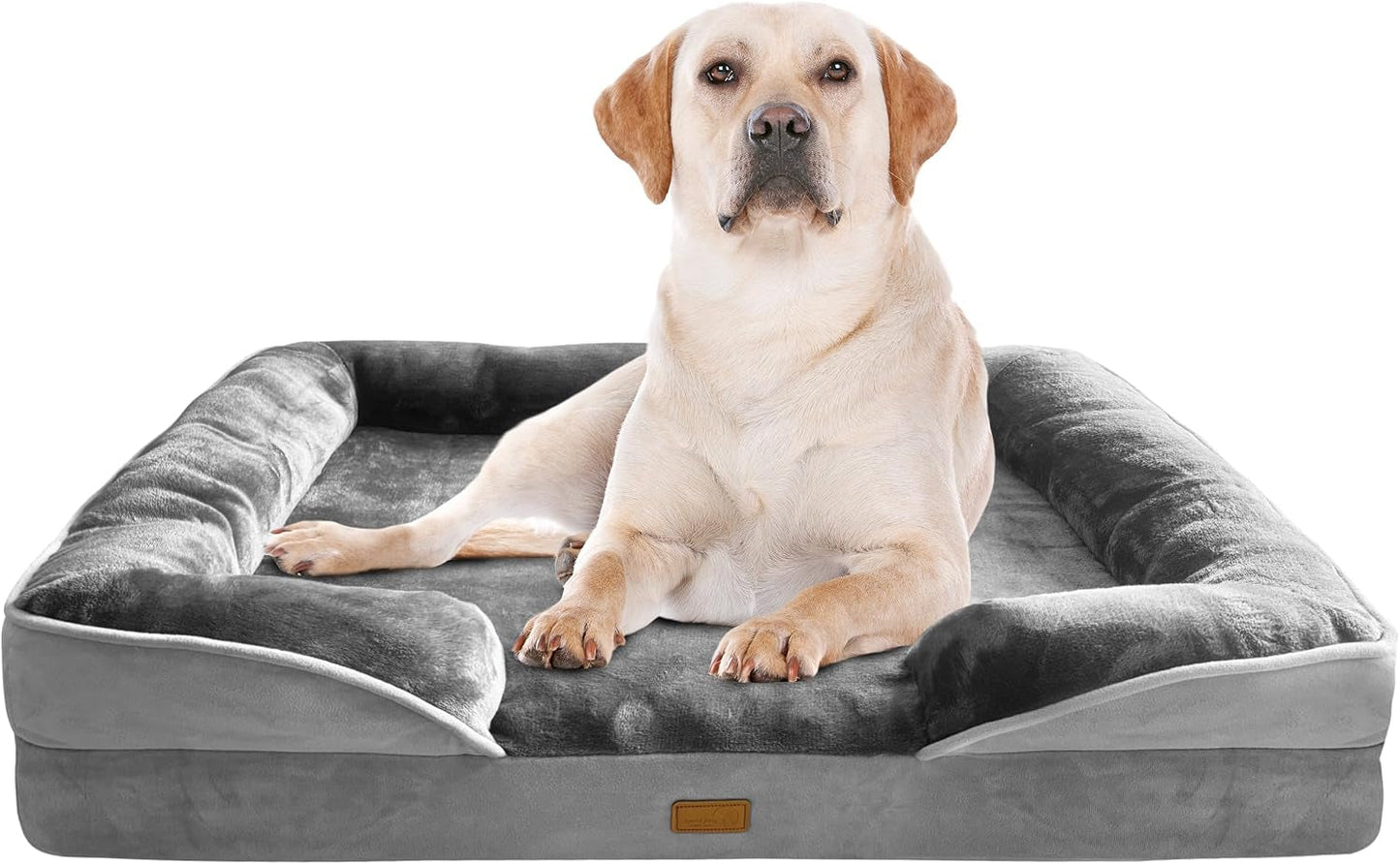 Grey orthopedic dog bed sofa with thick bolsters and front patch