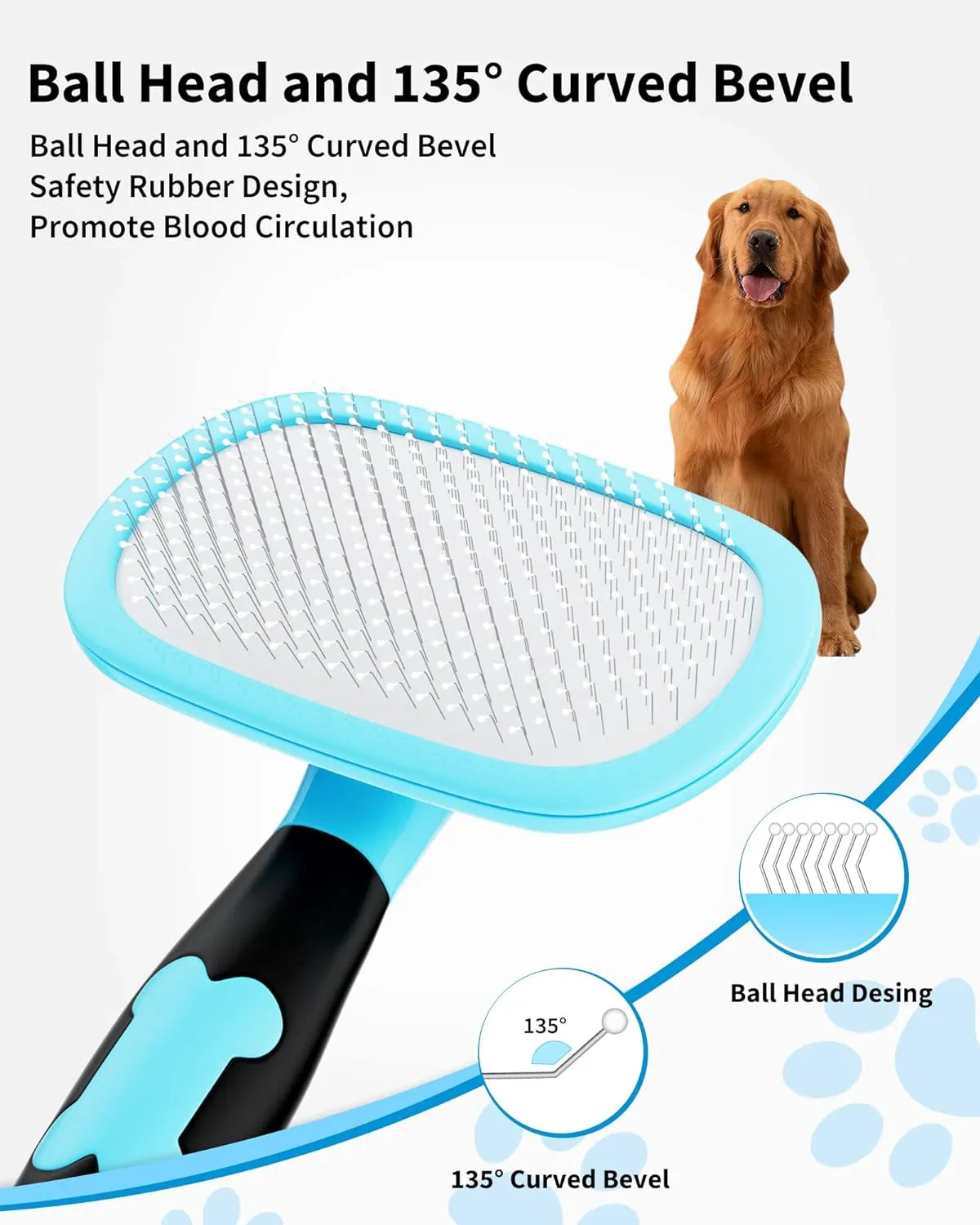 Blue ball-head shedding brush with black curved handle and rubber bristle design