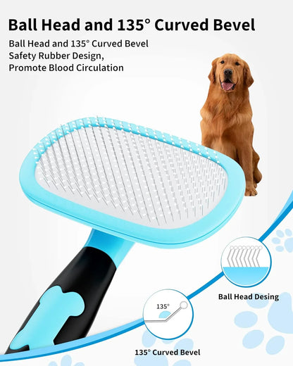 Blue ball-head shedding brush with black curved handle and rubber bristle design