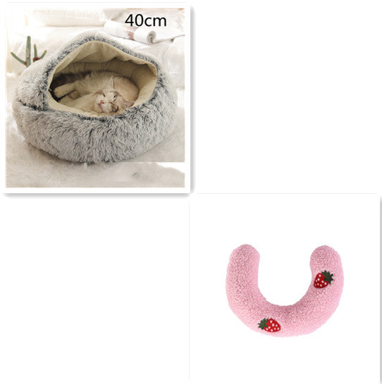 Grey plush pet bed for cats and dogs, 40cm round with cozy curved entrance