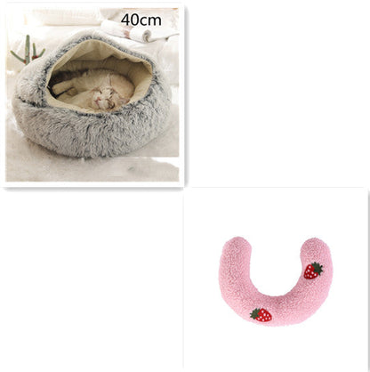 Grey plush pet bed for cats and dogs, 40cm round with cozy curved entrance