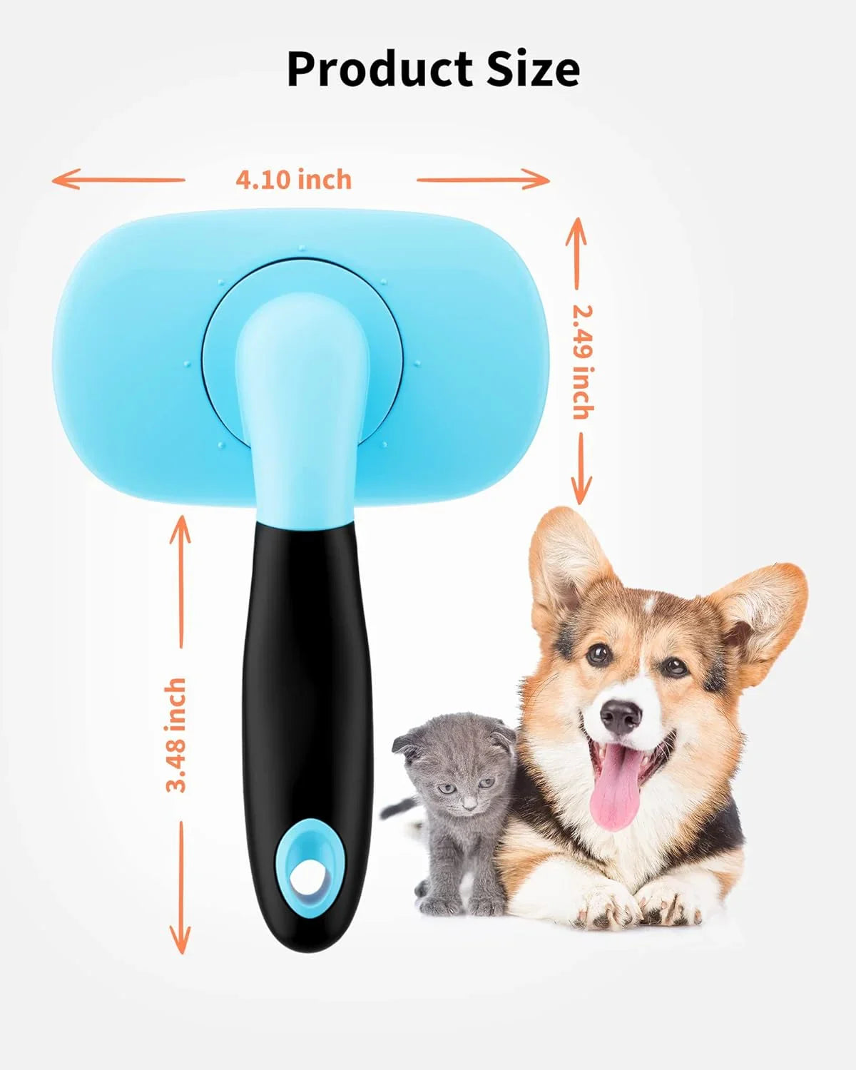 Blue pet grooming brush with black handle, measurements shown for head and grip