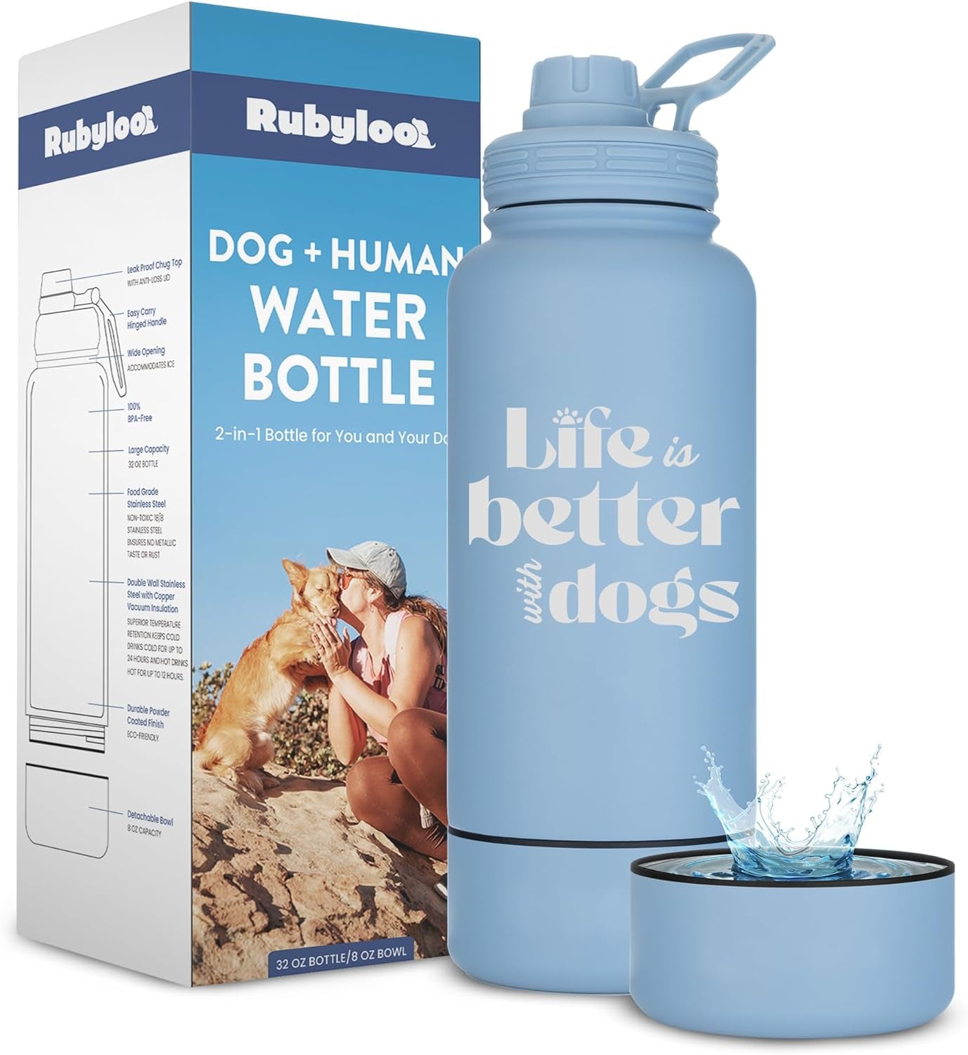 Insulated dog water bottle in light blue, “Life is better with dogs” text, plus matching bowl
