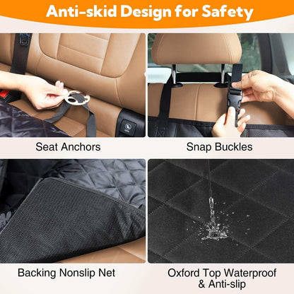 Black anti-skid dog seat cover with seat anchors, snap buckles, and nonslip backing