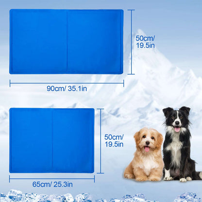 Blue foldable pet cooling mat with two dogs sitting beside it