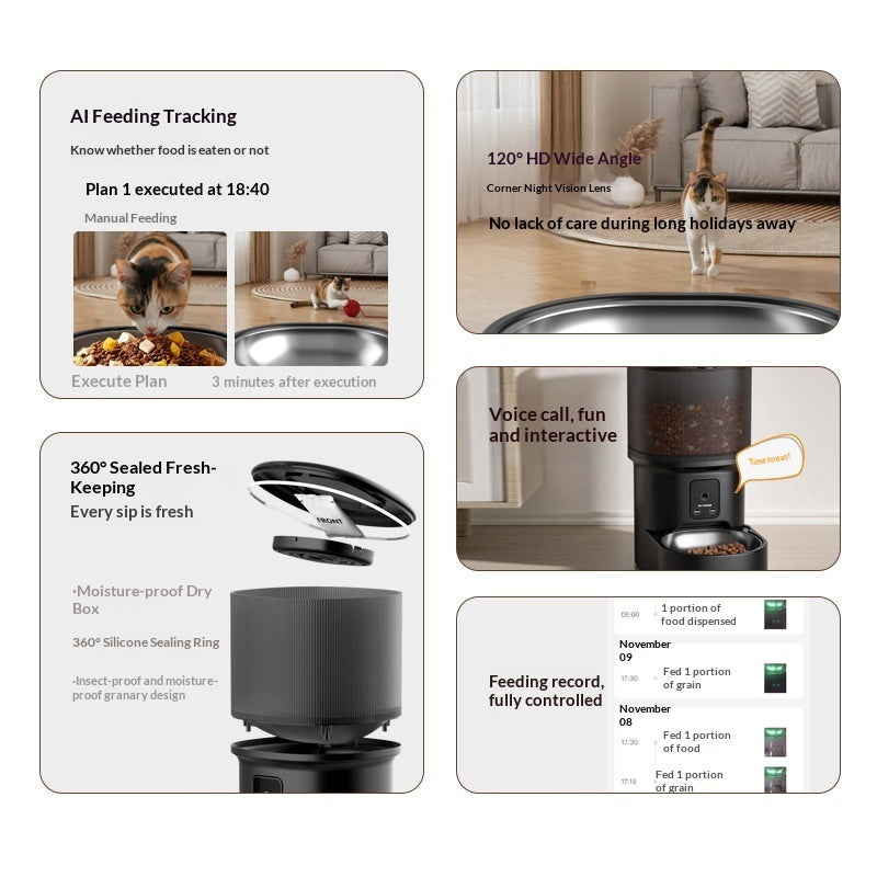 Black smart pet feeder feature graphic: sealed bowl, tracking, and voice call