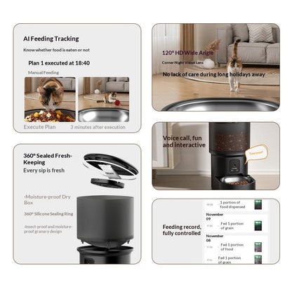 Black smart pet feeder feature graphic: sealed bowl, tracking, and voice call