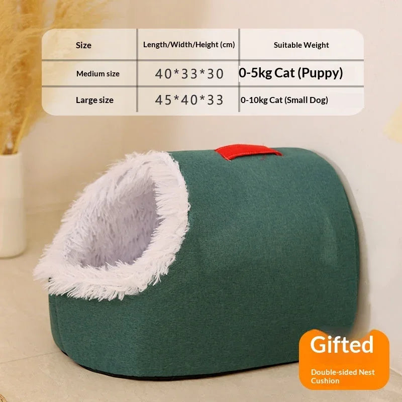 Pet Zen enclosed winter cat bed in green with a white fluffy interior and size chart.