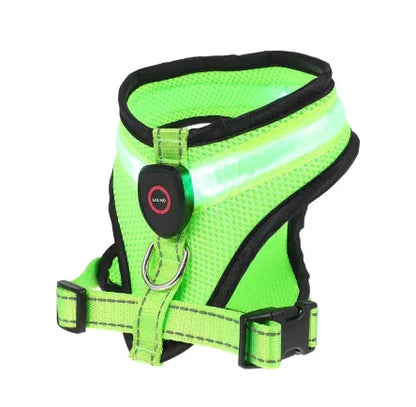 LED dog harness, neon green reflective mesh with black trim and front straps