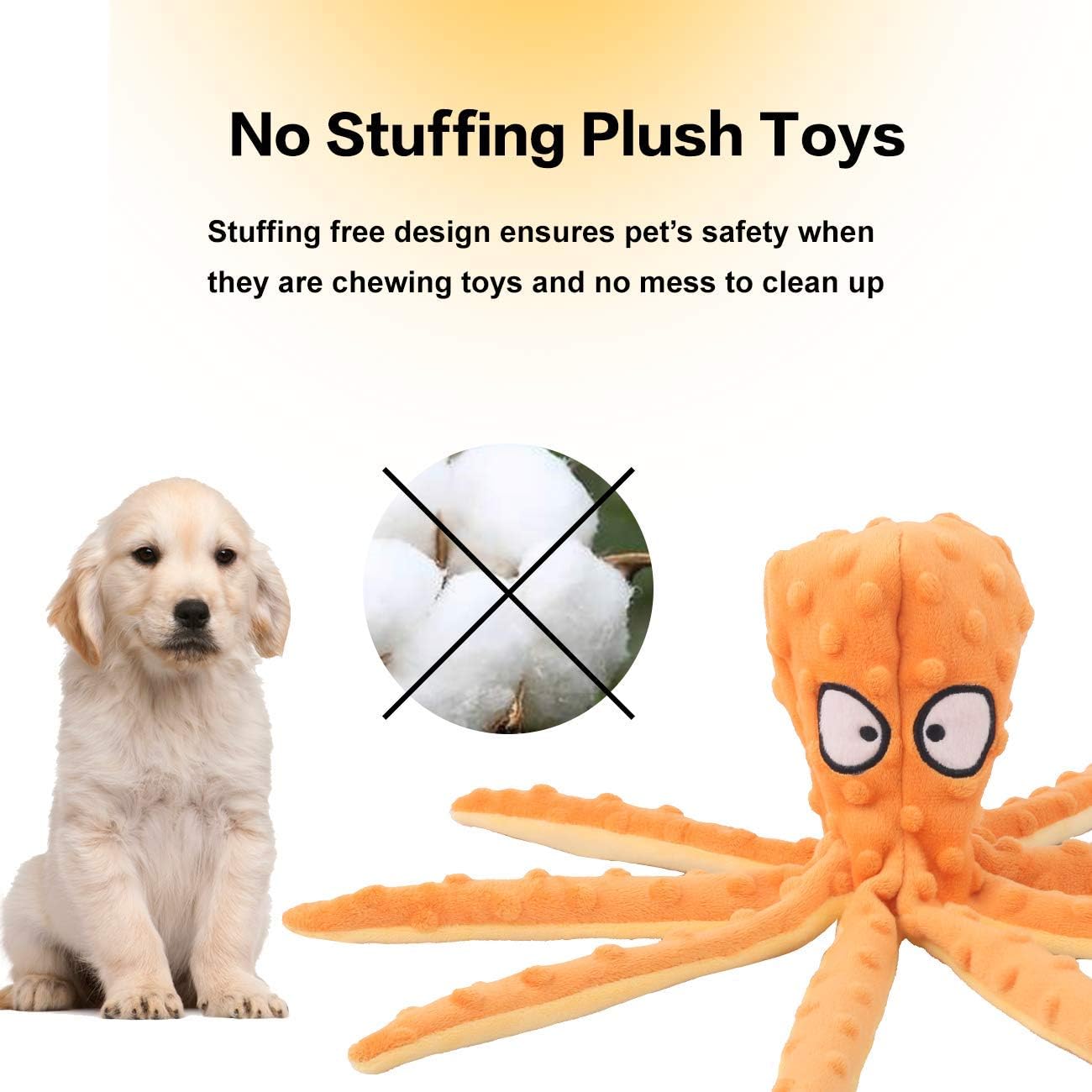 Orange no-stuffing octopus plush dog toy with cartoon eyes and textured tentacles