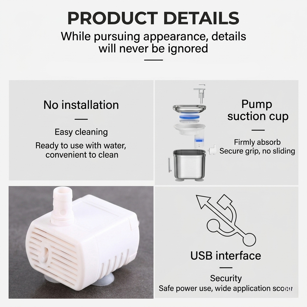 Pet water fountain pump and suction cup detail for easy setup and secure mounting