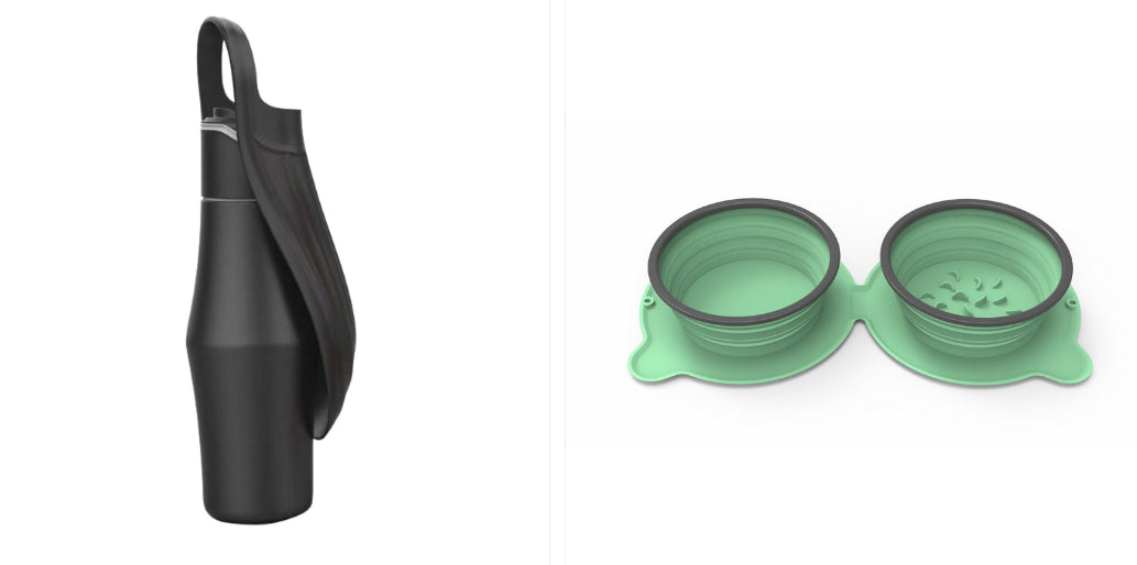 Portable pet dog water bottle set with soft silicone leaf bowls, black and green