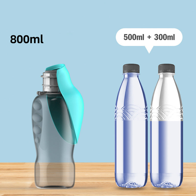 Portable dog water bottle with turquoise flip trough next to two smaller water bottles