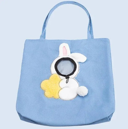 Blue tote bag with cute bunny and flower design, perfect for pet owners and everyday use