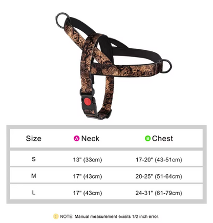 Dog harness in brown multicolor pattern with black straps, plus size chart overlay