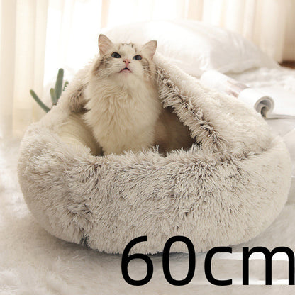 Plush pet bed for cats and dogs, 60cm, light beige fuzzy round cave with cat inside