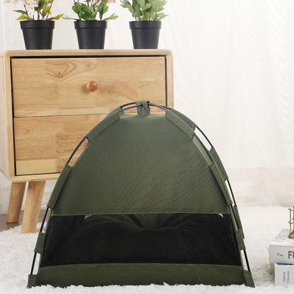 Green pet tent bed with open front and black mesh panel