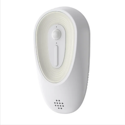 Wall-mounted pet odor eliminator device, white oval with indicator and vent holes
