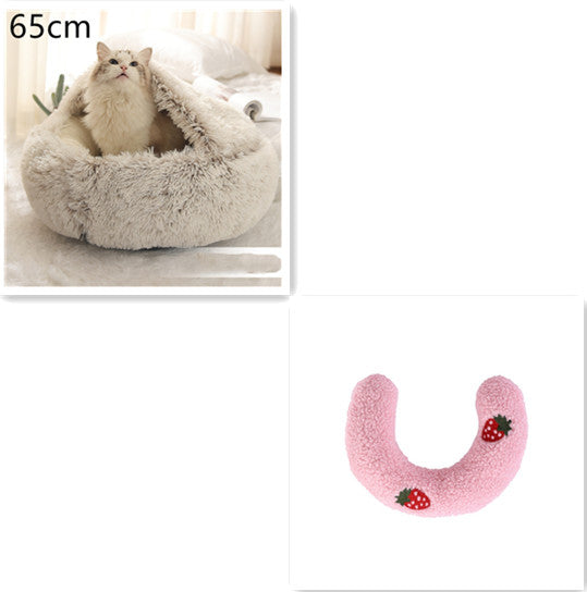 Light gray plush pet bed, U-shaped rim, 65cm; includes pink U-shaped bolster