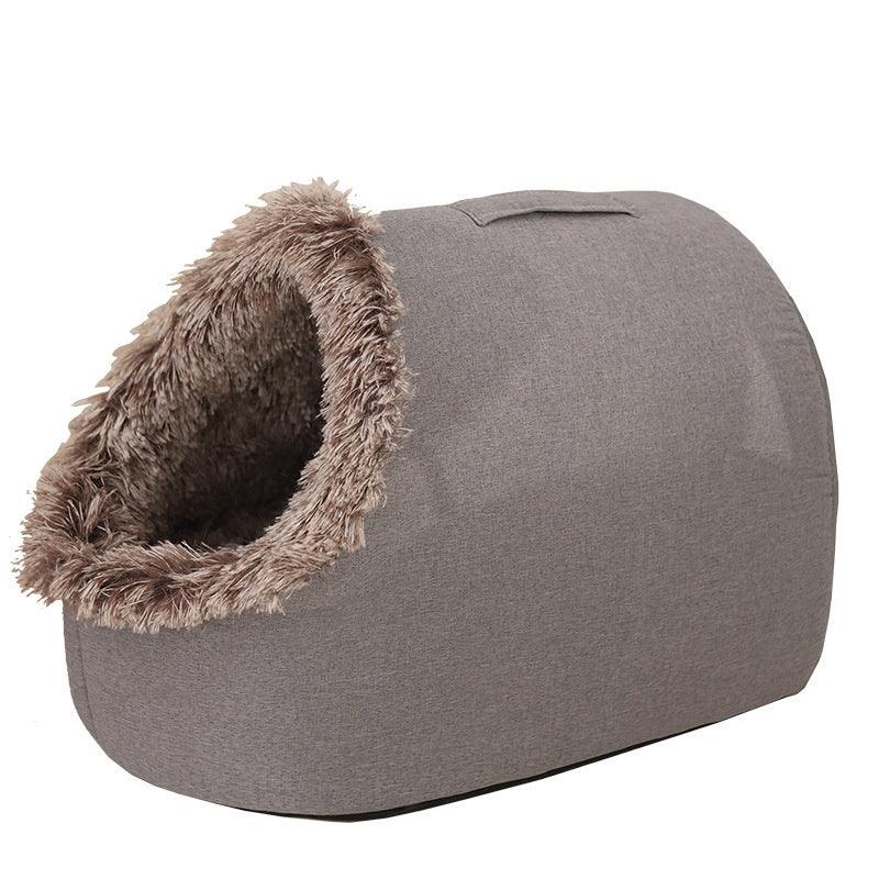 Pet Zen enclosed winter cat bed in grey with a thick, warm faux fur lining