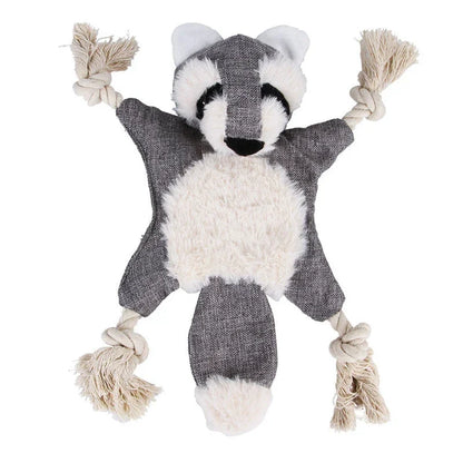 Plush raccoon dog toy with rope tassels for interactive play and chewing
