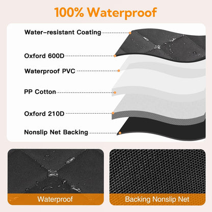 Black waterproof dog seat cover materials diagram with water-resistant top layer