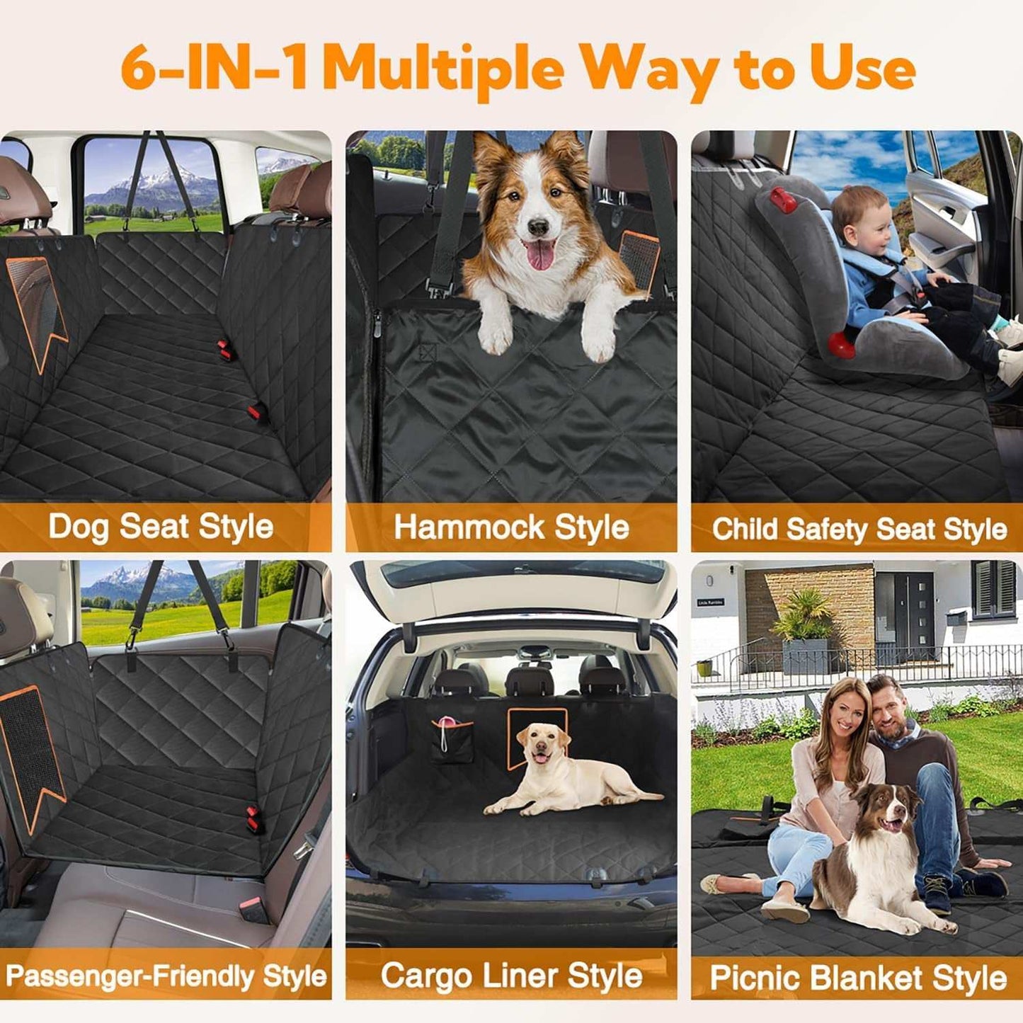 Black waterproof dog car seat cover shown in multiple configurations with side flaps
