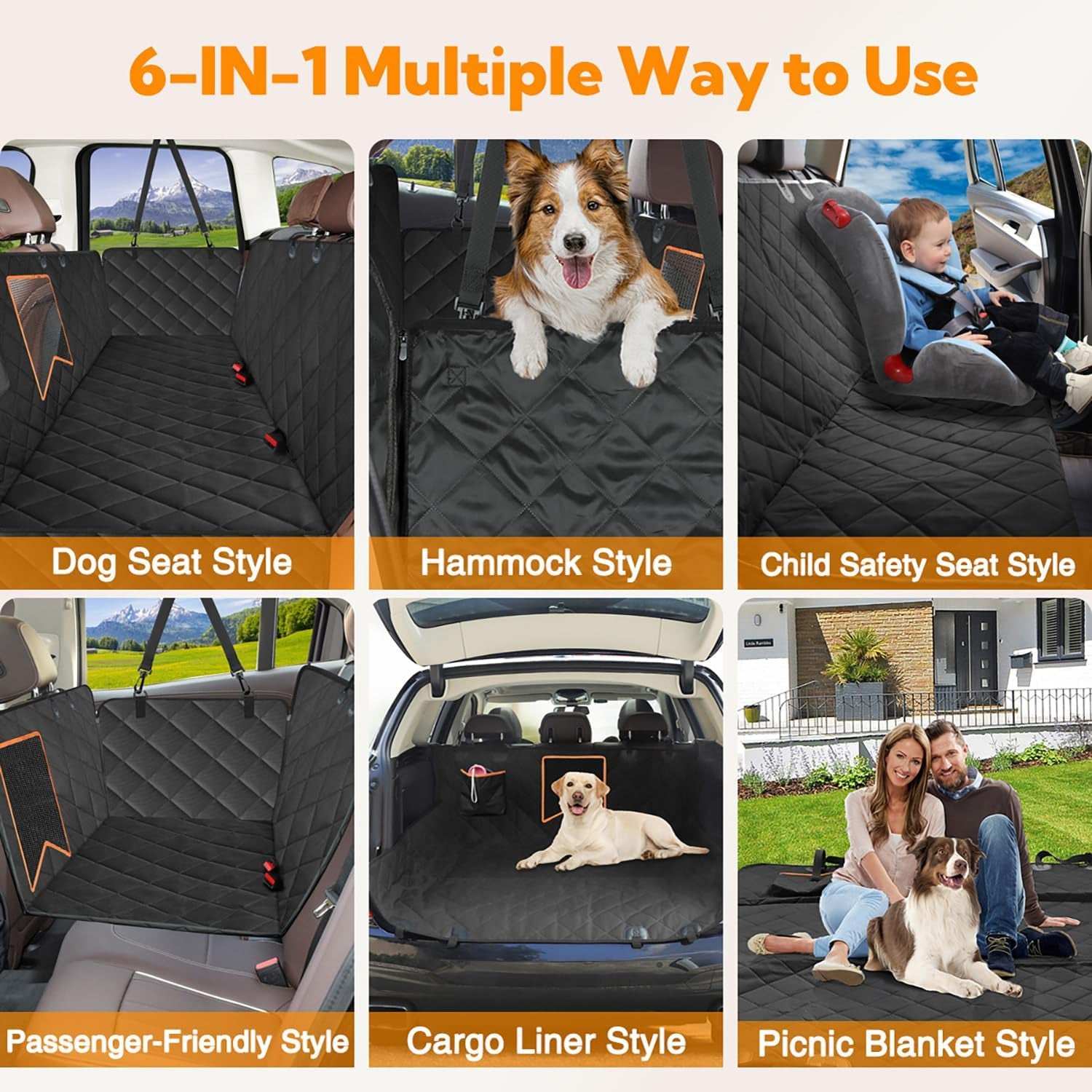Black waterproof dog car seat cover shown in multiple configurations with side flaps