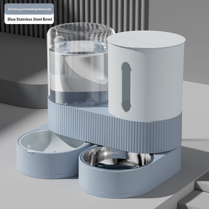 Automatic pet water and food dispenser with stainless steel bowl, blue base and clear water tank
