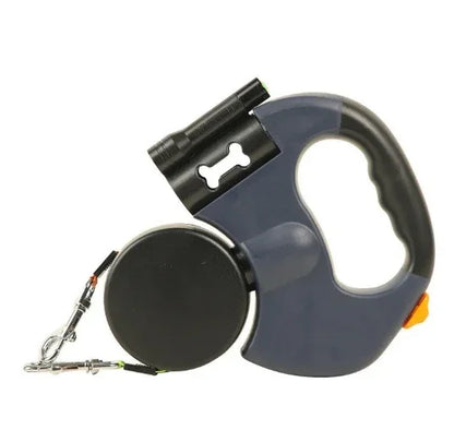 Navy and black double retractable dog leash with dual reels and twin metal clips