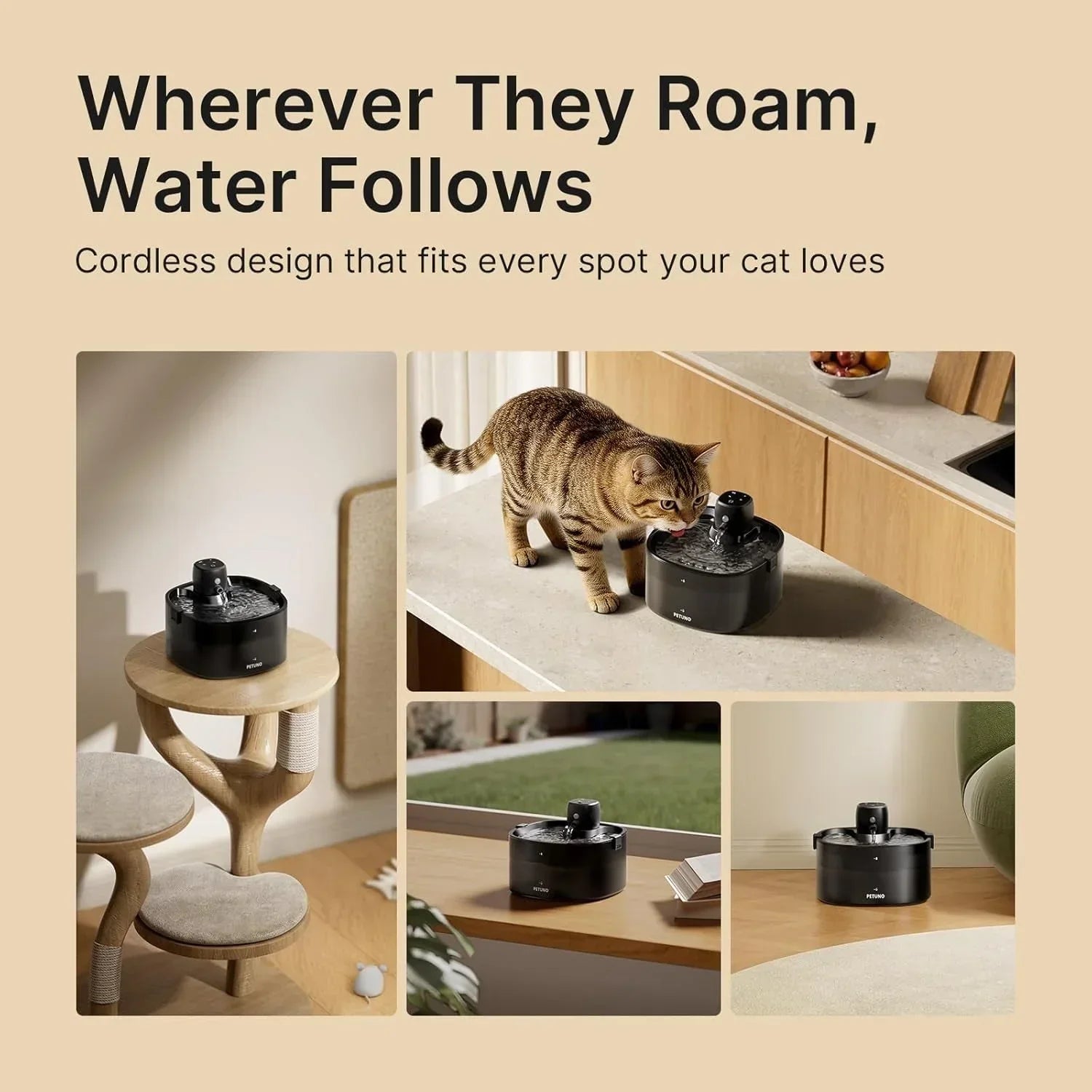 Cordless cat water fountain for home use, shown on cat tree, counter, and table with tabby cat drinking