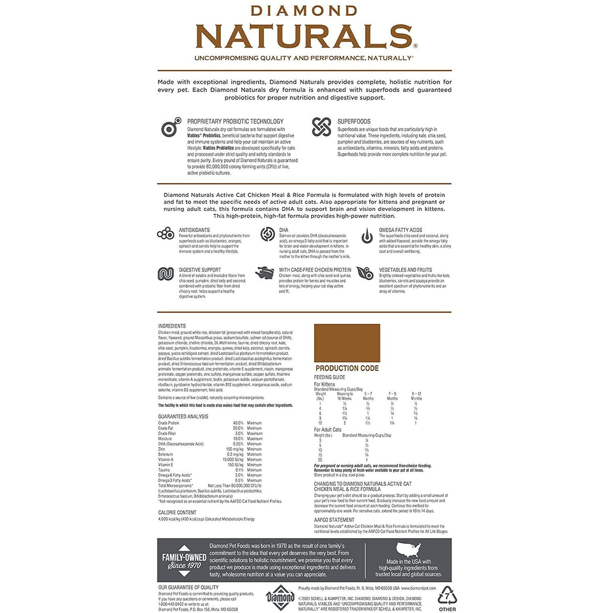 Diamond Naturals Active Cat chicken & rice dry cat food bag, back label details