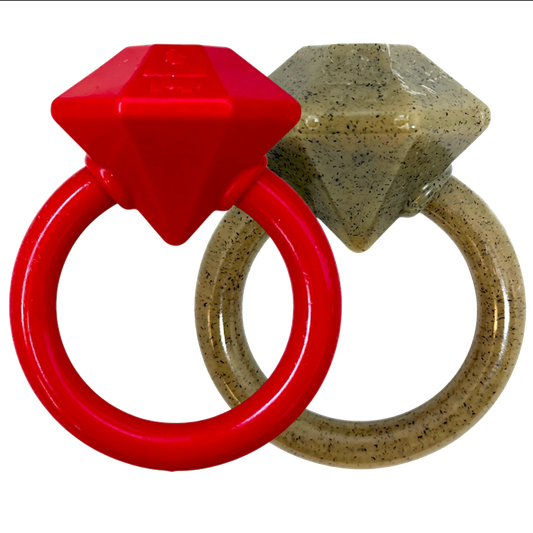 Red diamond-shaped nylon teething ring with circular loop